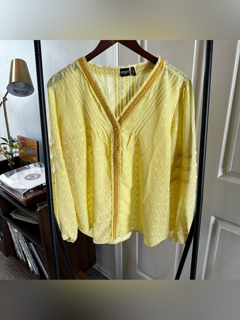 Cruel Denim Yellow Pintuck V-Neck Button-Front Blouse 🦋
